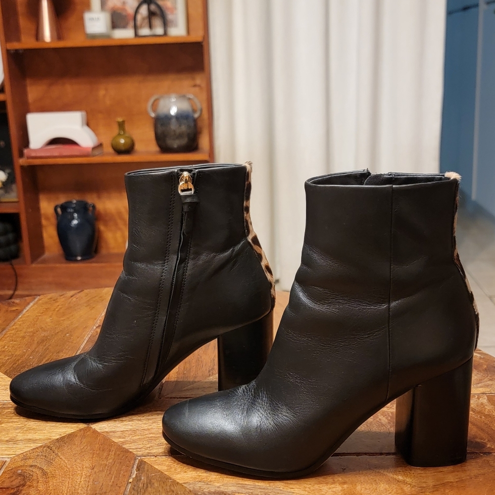 Diane Von Furstenberg Black Ankle Boots with Ponyhair Trim Size 8.5